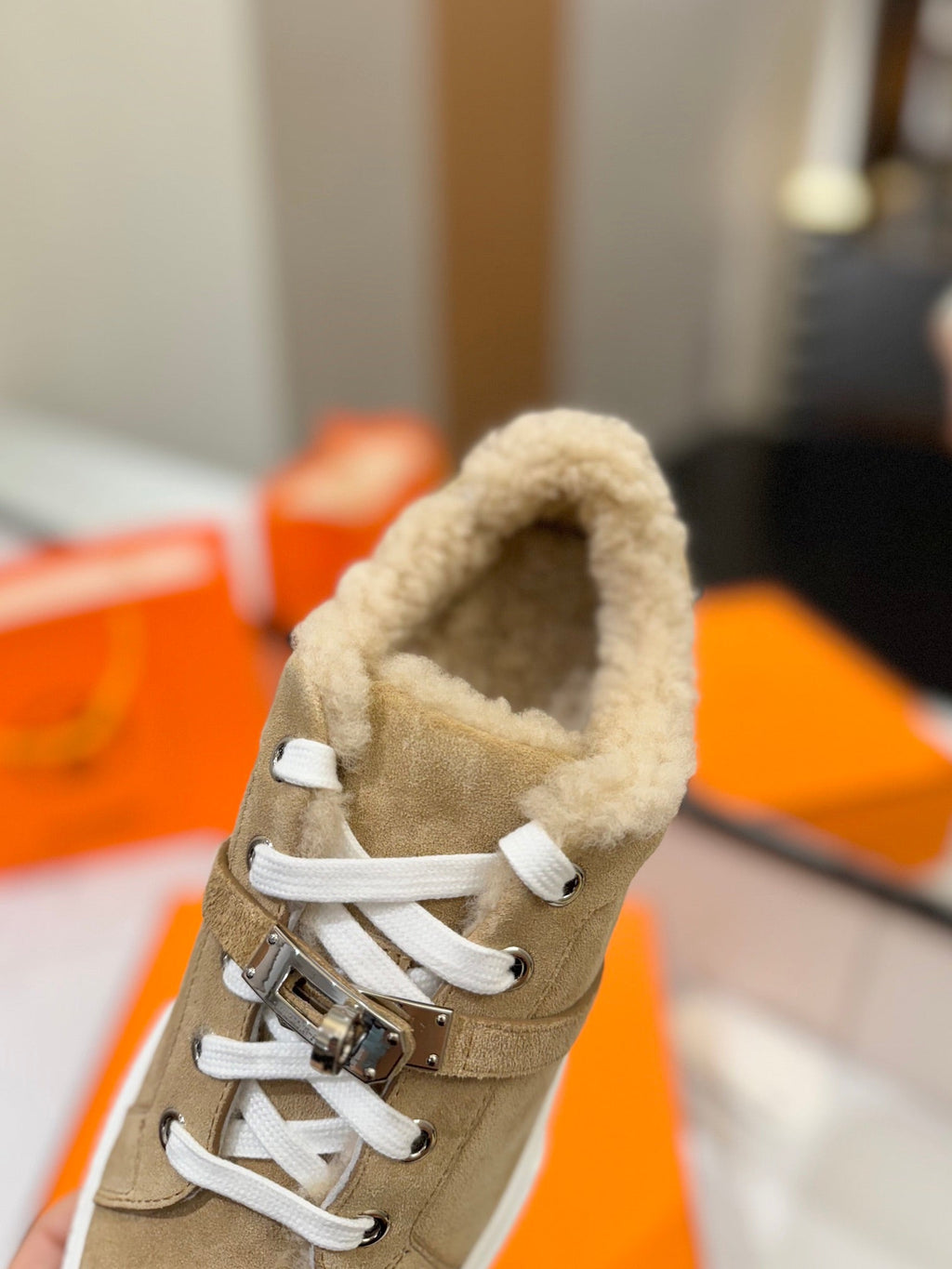 HERMES DAY SNEAKER IN TORTILLA BROWN SUEDE AND FLEECE LINING
