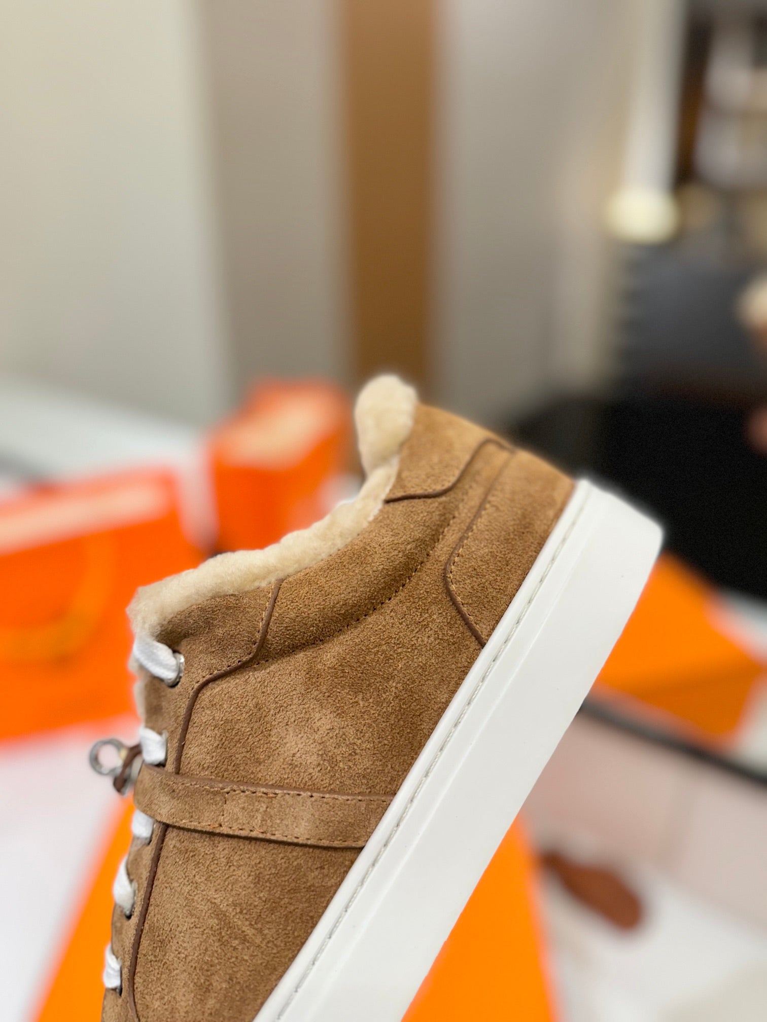 HERMES DAY SNEAKER IN BRONZE BROWN SUEDE AND FLEECE LINING
