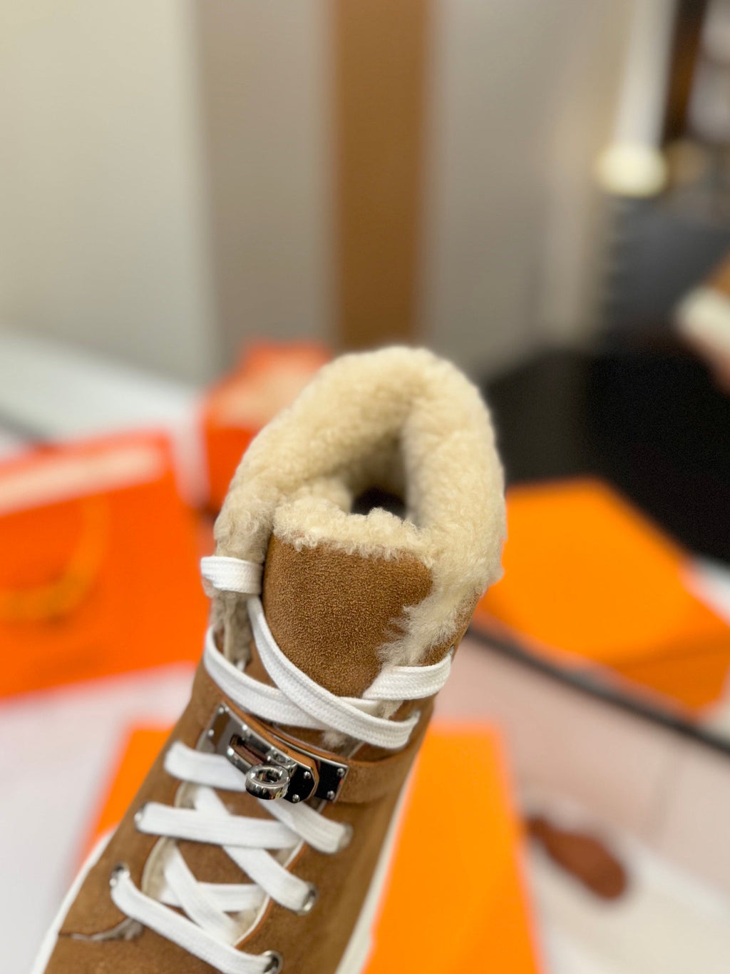 HERMES CHEALSEA BOOTS IN BRONZE BROWN SUEDE AND FLEECE LINING