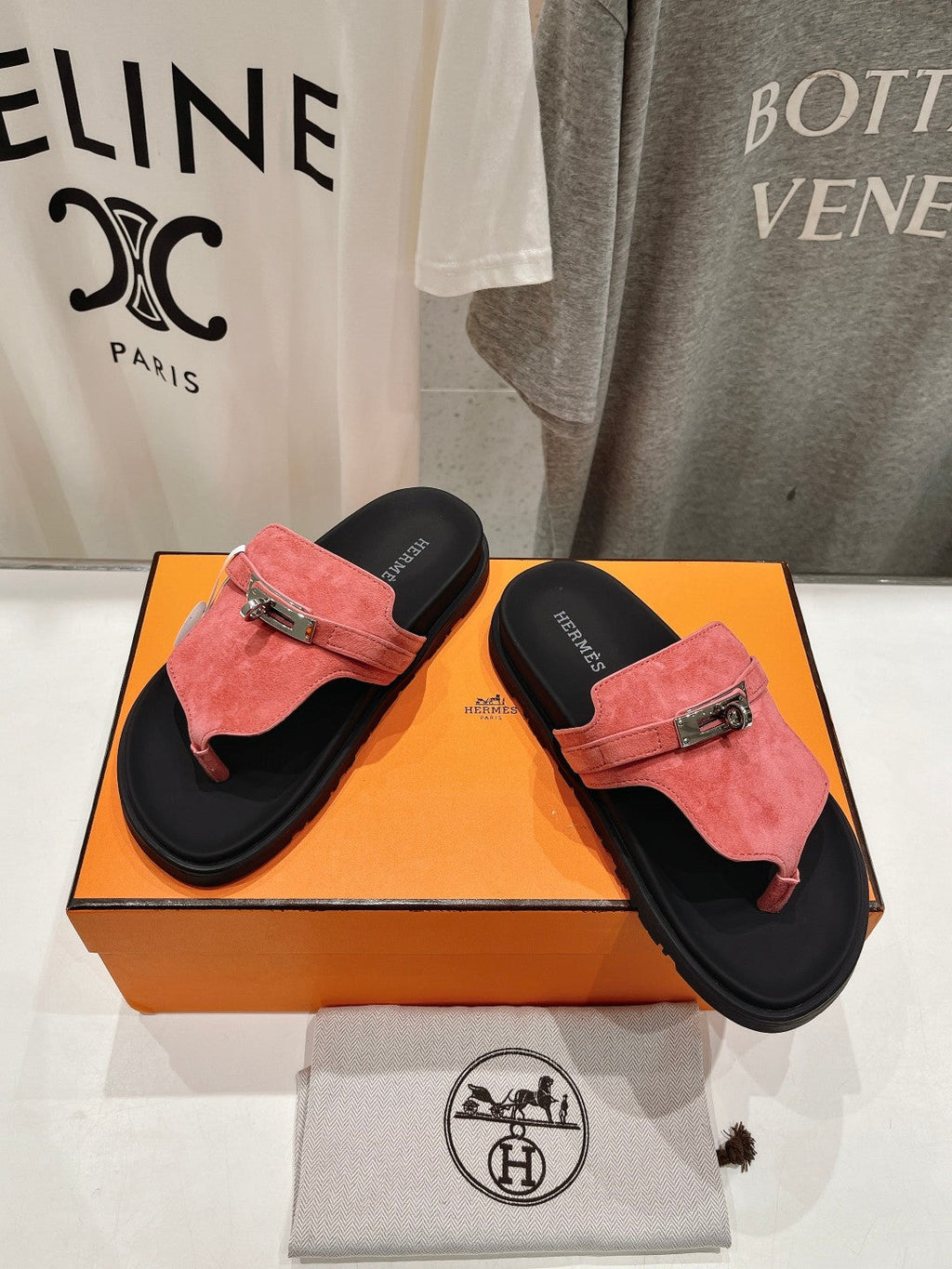 HERMES EMPIRE SANDAL BLACK MIX PINK SUEDE