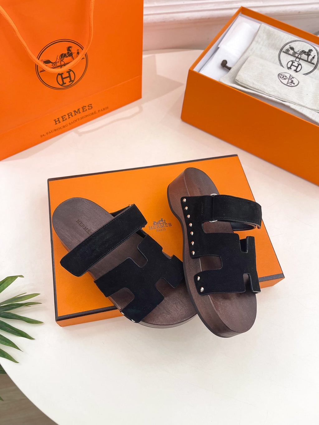 HERMES KOS CLOG IN BLACK SUEDE