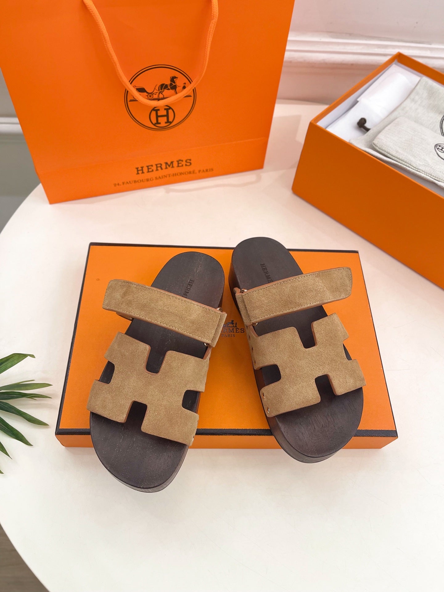 HERMES KOS CLOG IN PEANUT BROWN SUEDE