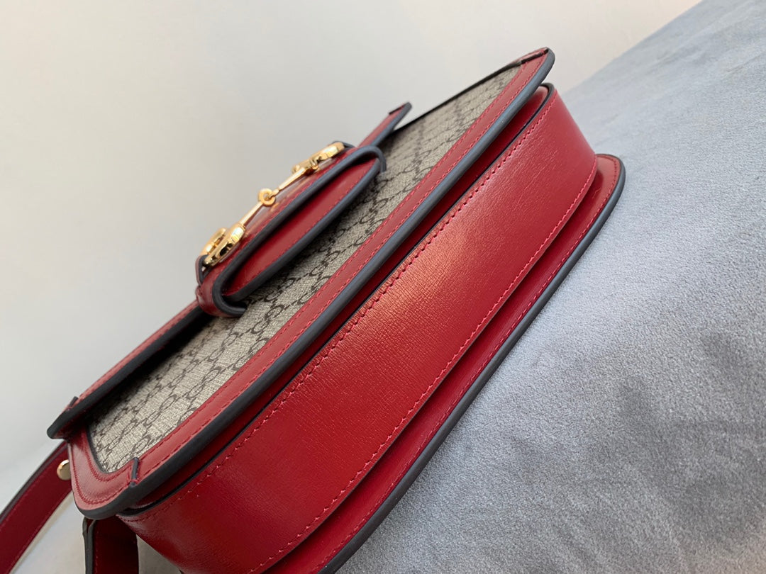 GUCCI 1955 Horsebit Bag 25cm Red Leather Beige Canvas Gold Hardware