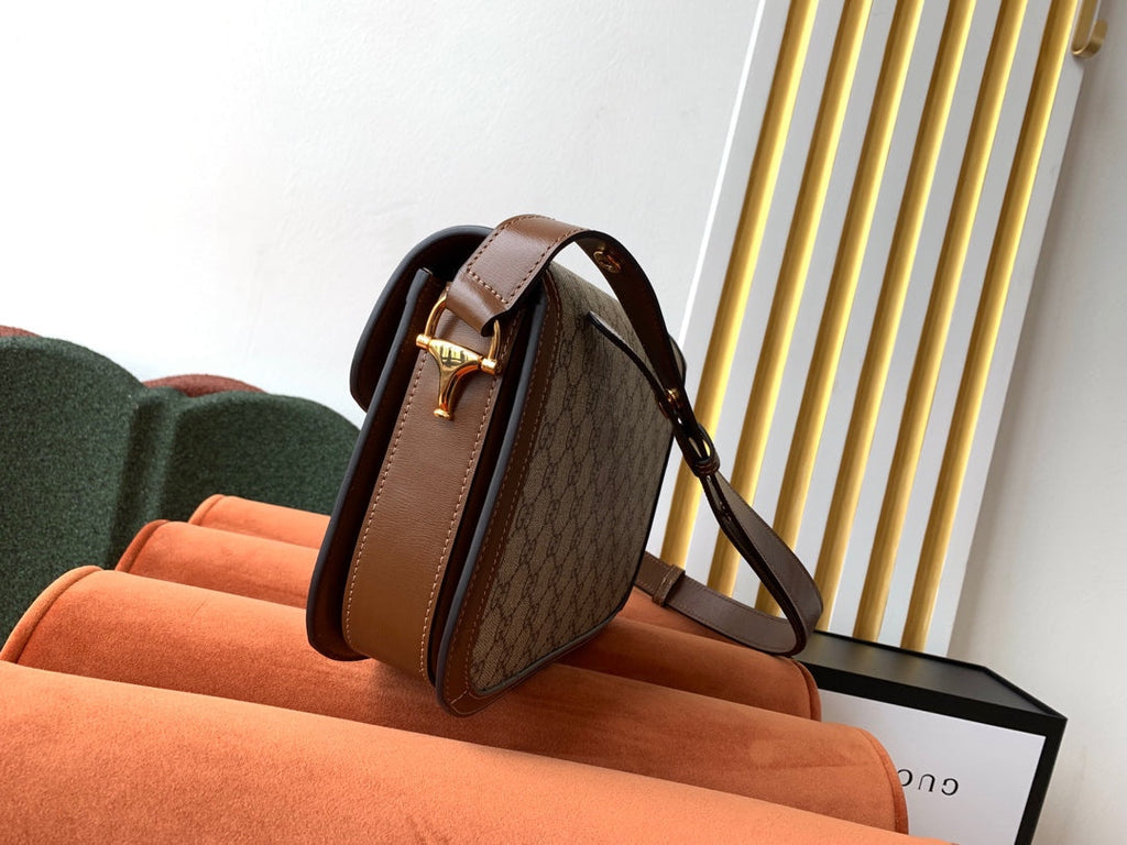 GUCCI 1955 Horsebit Bag 25cm Brown Leather Beige Canvas Gold Hardware