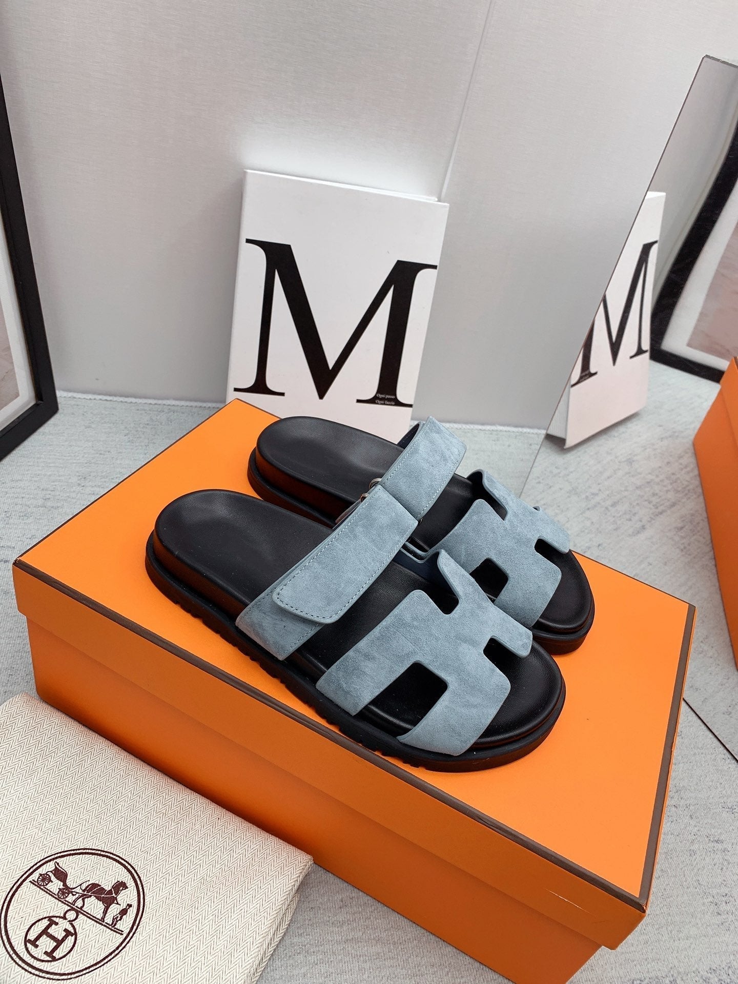 HERMES Chypre Sandal Black insole Light Blue lining