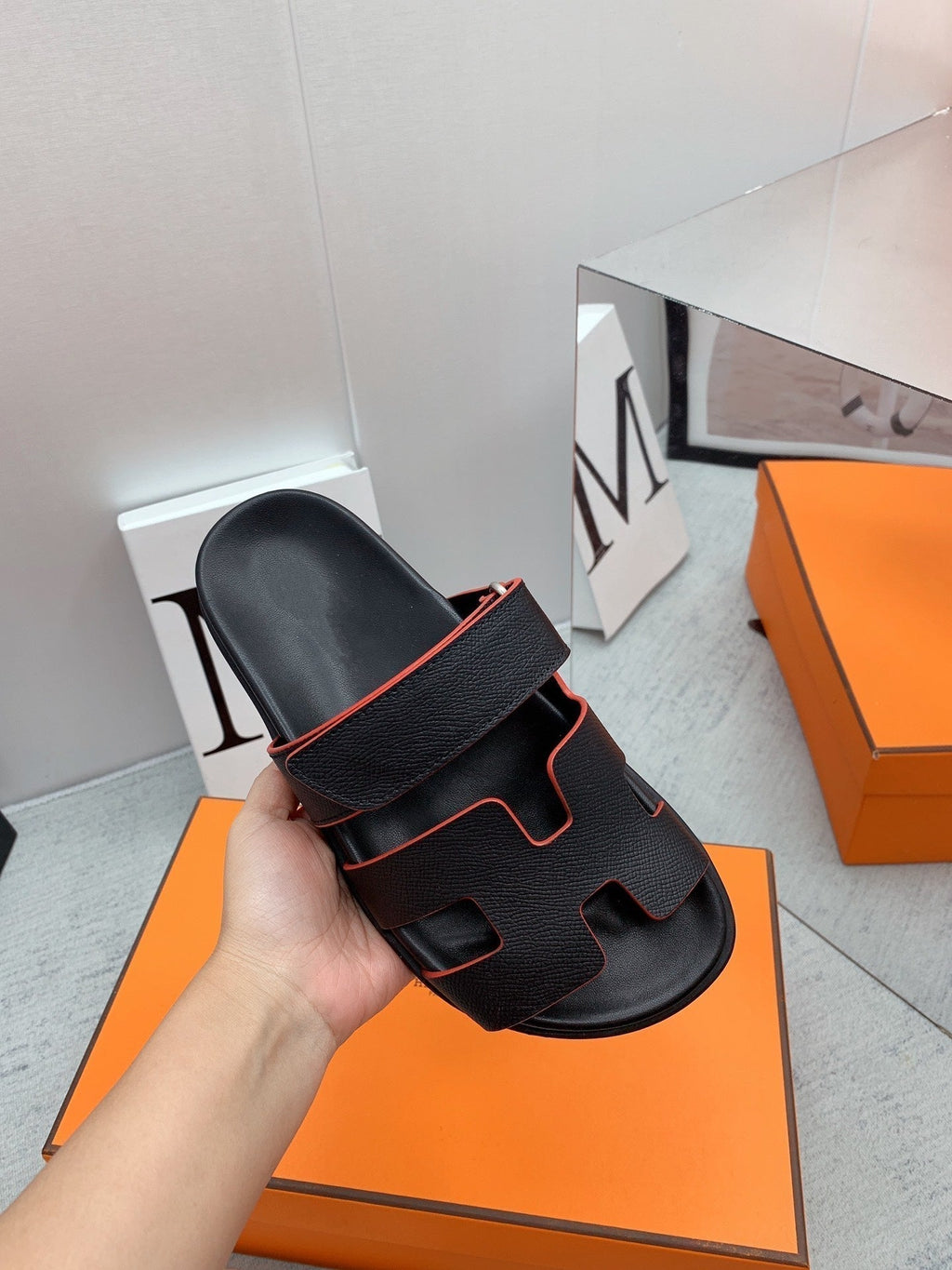 HERMES Chypre Sandal Black with red trim