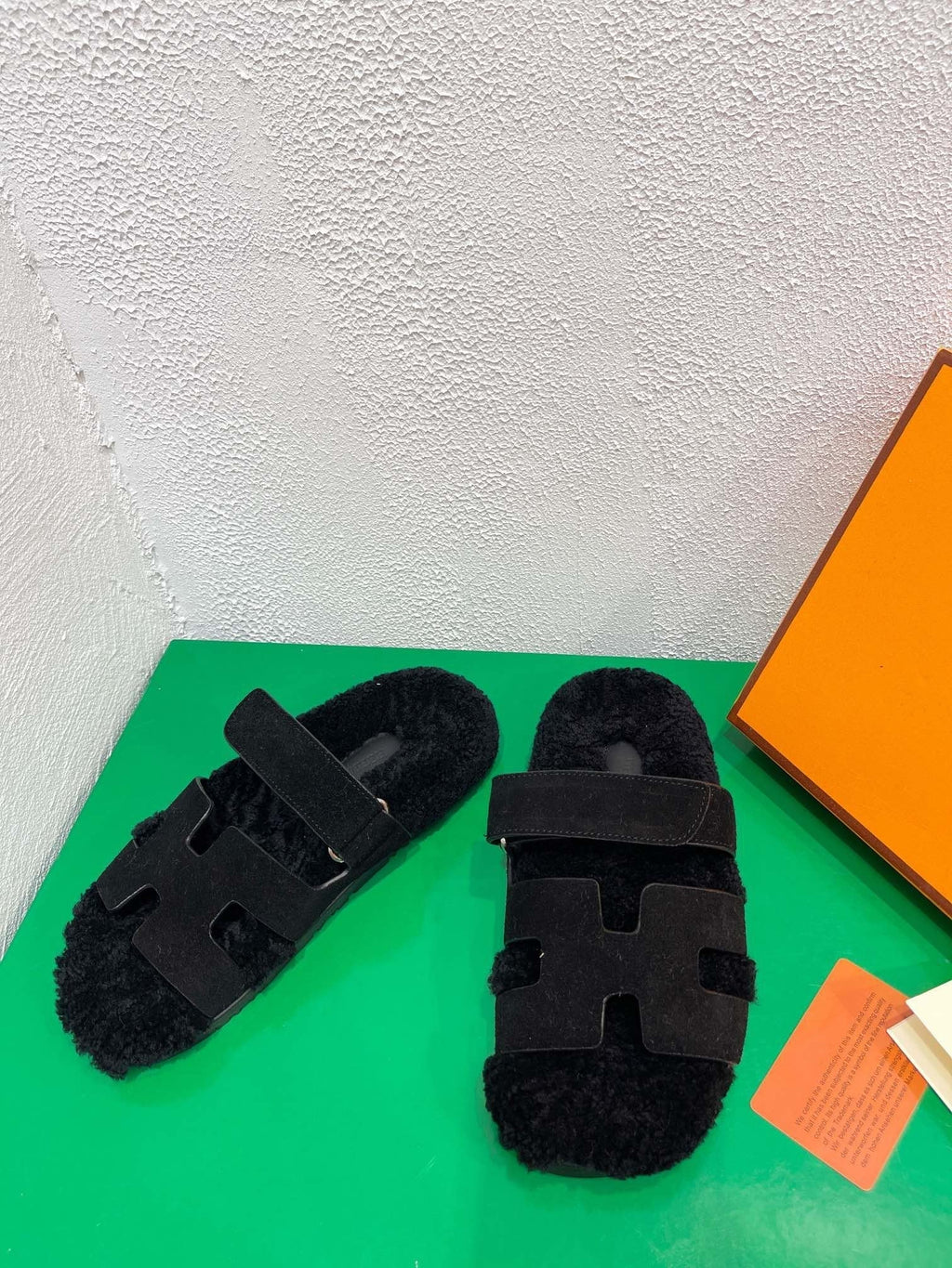 HERMES Chypre Sandal Black shearling insole Black Velvet leather lining