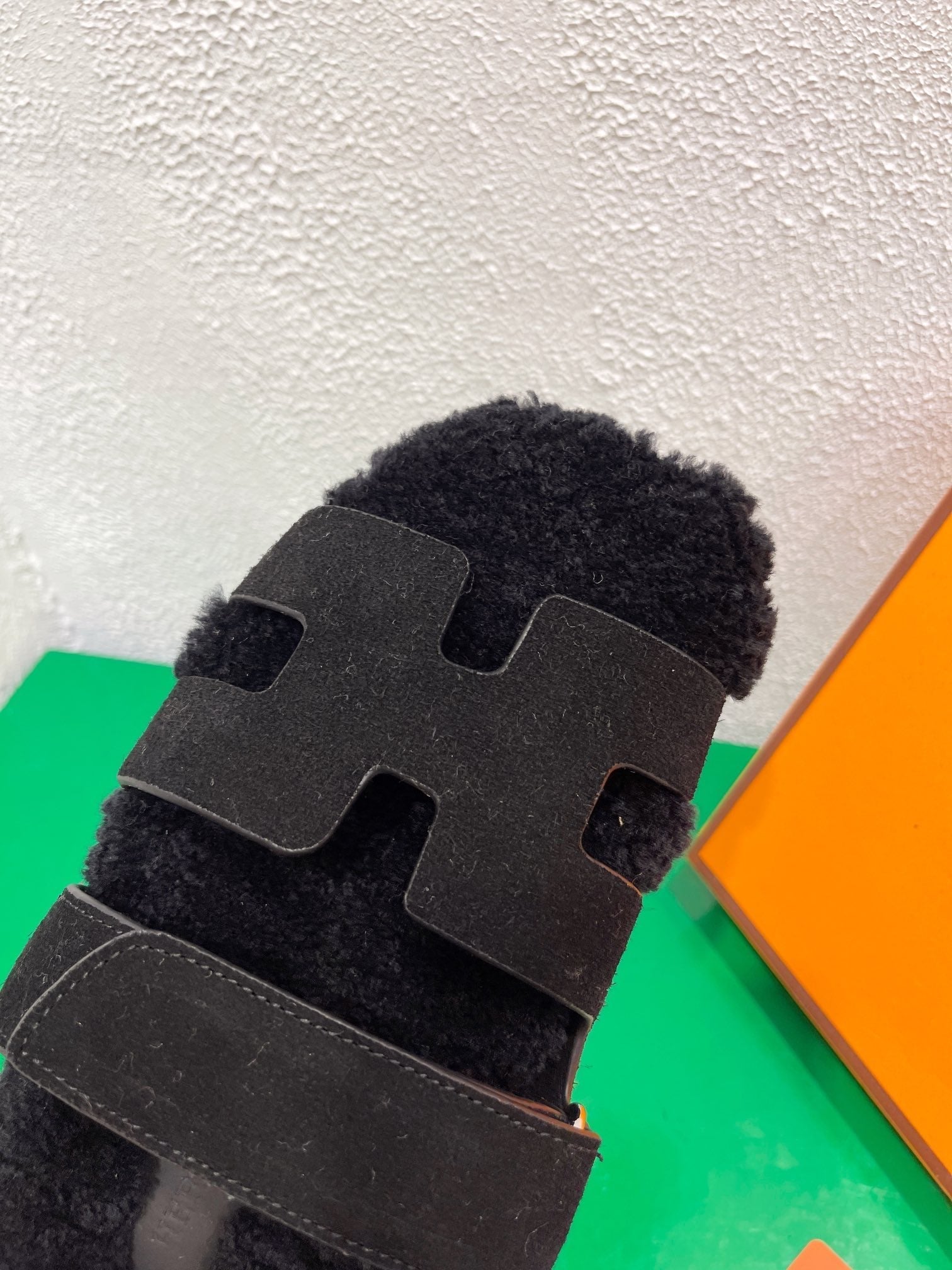 HERMES Chypre Sandal Black shearling insole Black Velvet leather lining