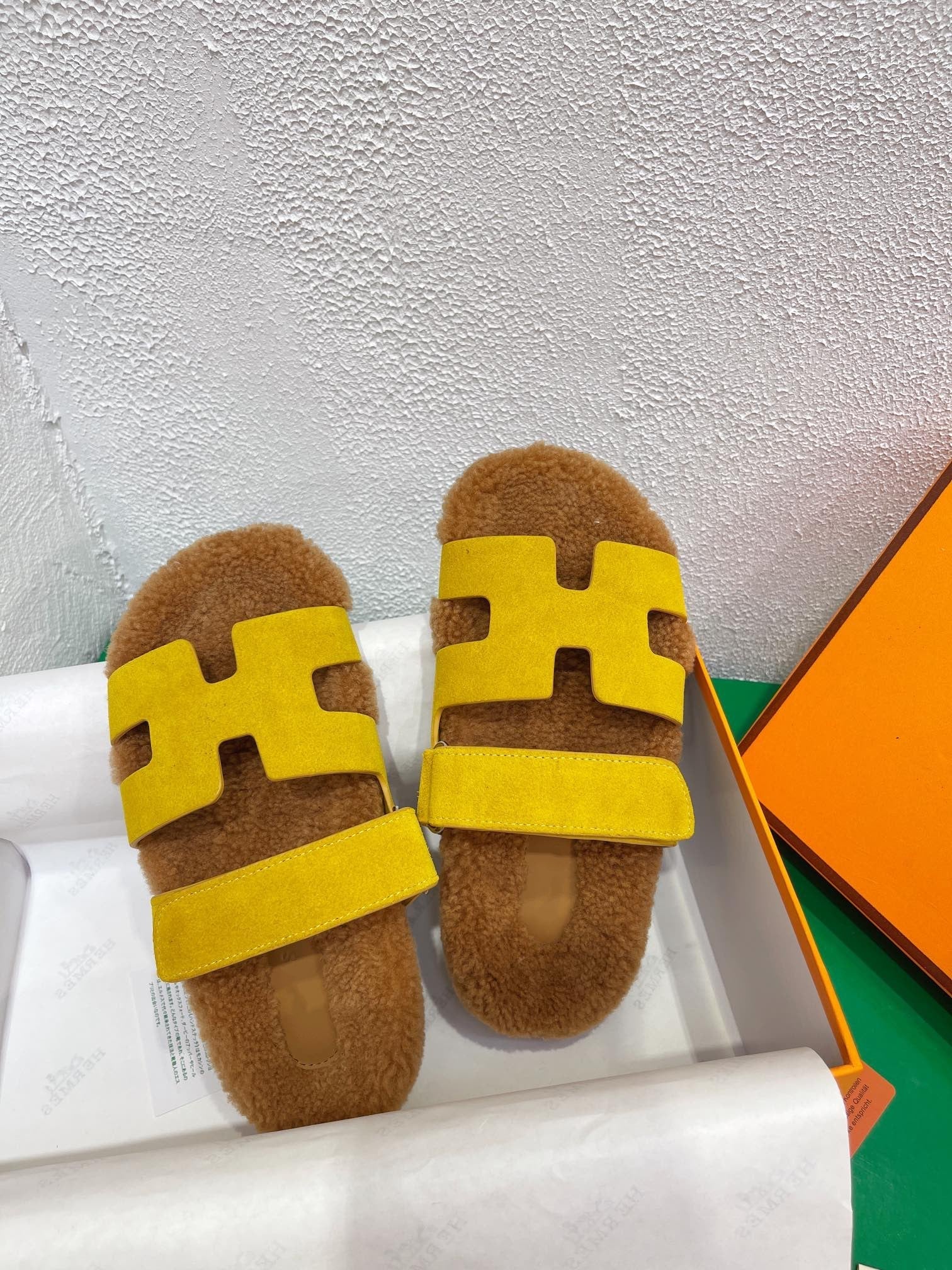 HERMES Chypre Sandal Gold shearling insole Yellow Velvet leather lining