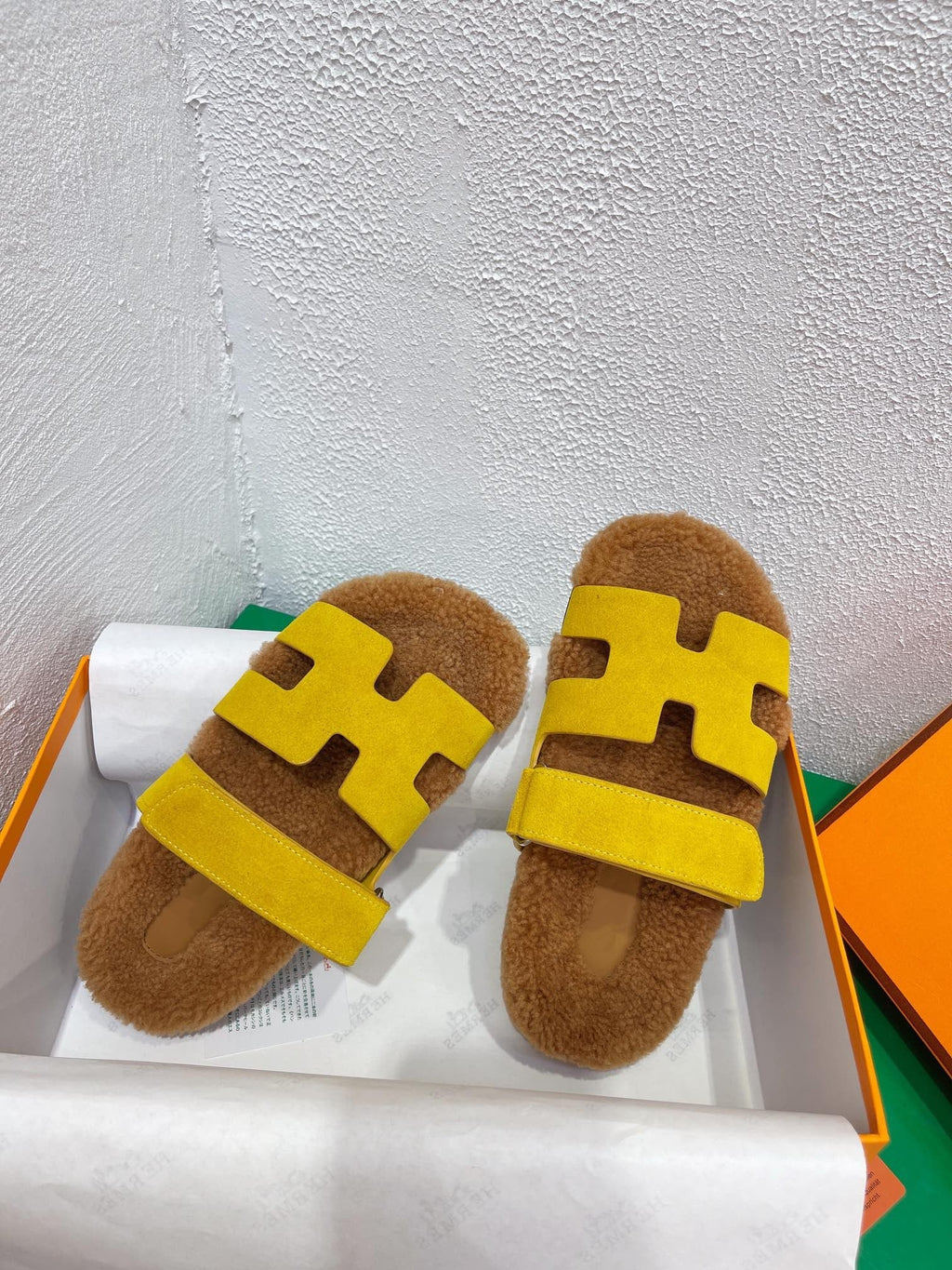 HERMES Chypre Sandal Gold shearling insole Yellow Velvet leather lining