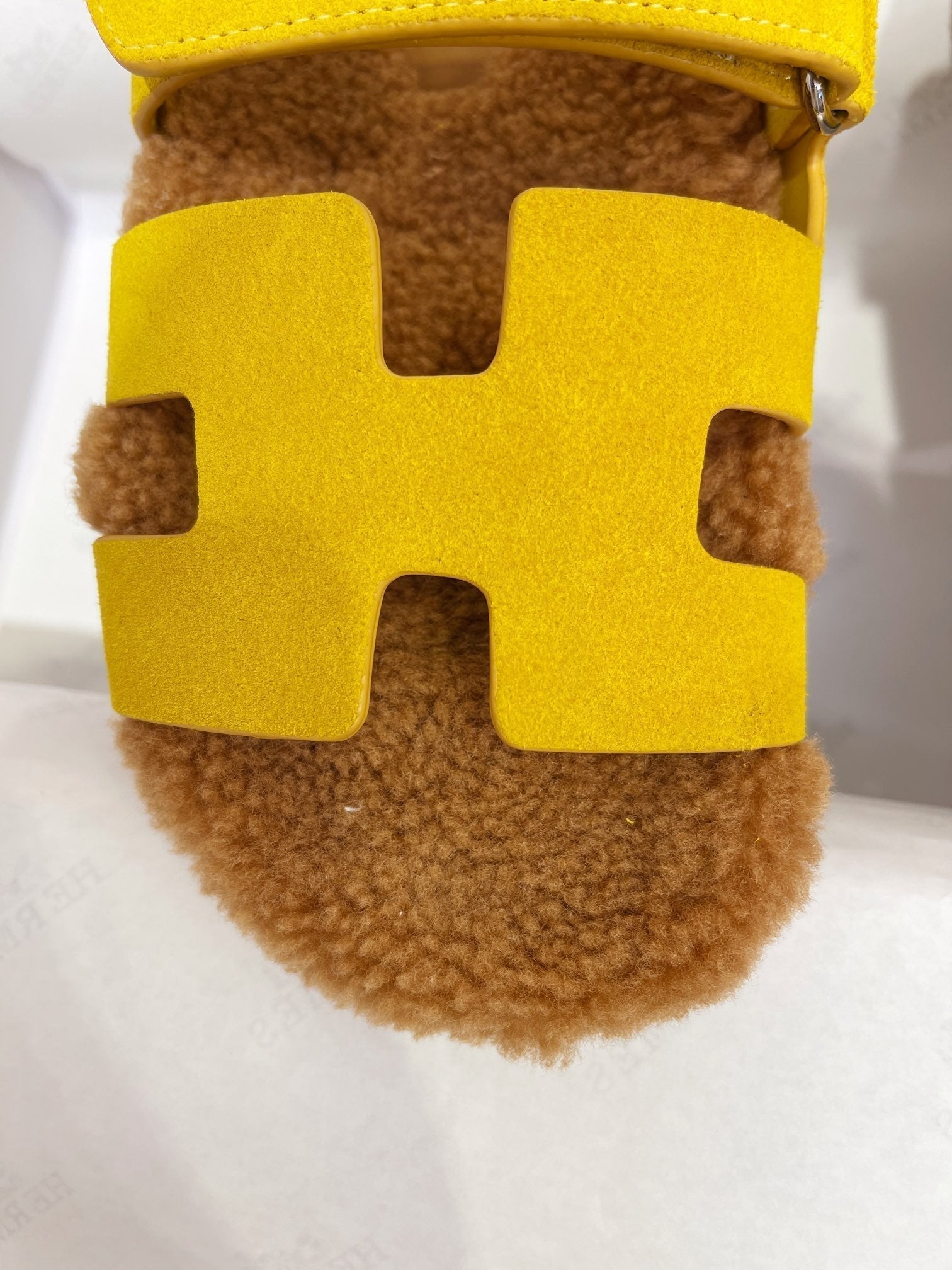 HERMES Chypre Sandal Gold shearling insole Yellow Velvet leather lining