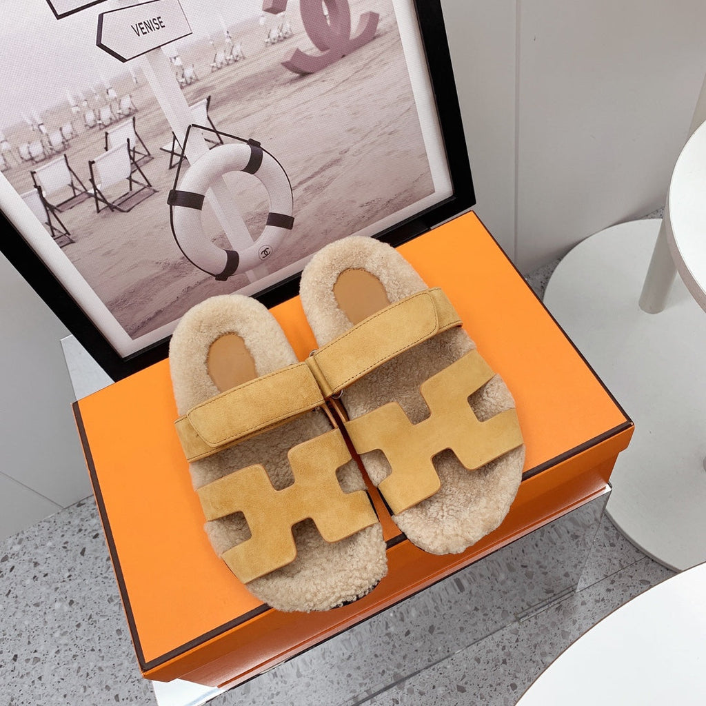 HERMES Chypre Sandal Beige shearling insole Light Brown Velvet leather lining